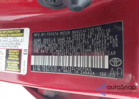 2010 Toyota Corolla Le from USA, damaged, VIN 2T1BU4EE1AC382152